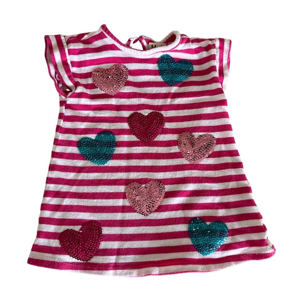 Hatley Girls Pink Striped Dress with Sequin Hearts - Size 2